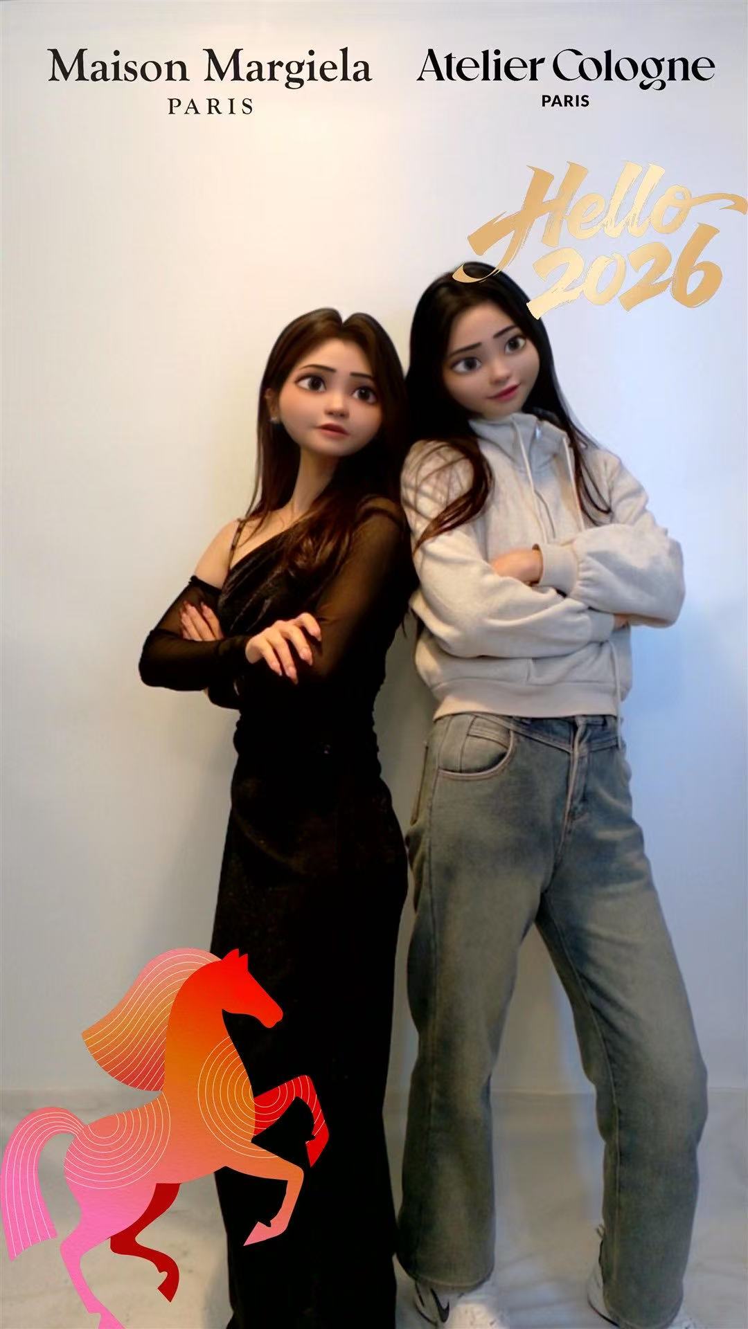 Two event guests transformed into branded cartoon characters